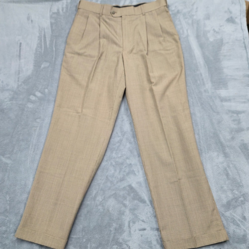 Stafford Mens Size 34x31 Tan Houndstooth Pleated Worsted Wool Blend Dress Pants
